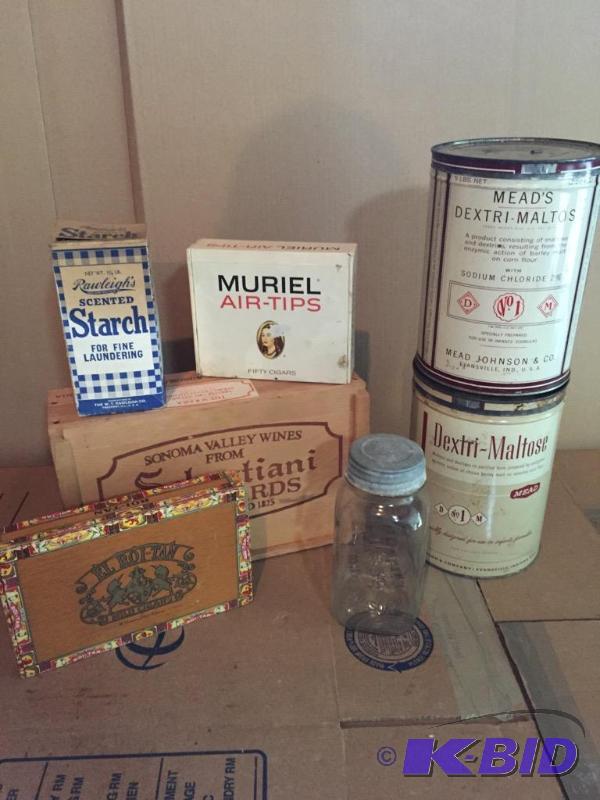 lot 283 image: Lot of Vintage Advertising Glass, Tins, and Boxes