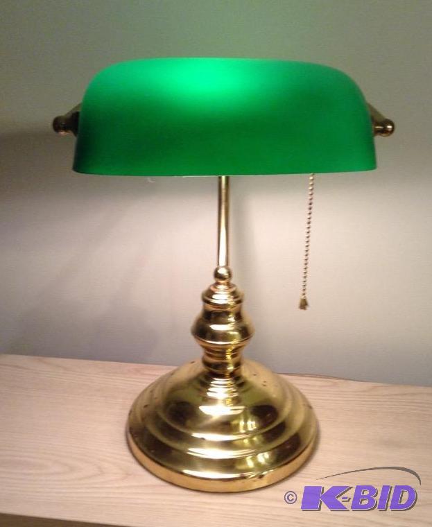 lot 58 image: Brass and Green Glass LibraryDesk Lamp