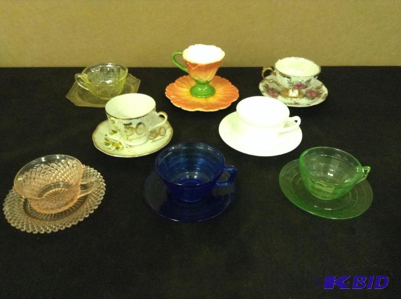 lot 29 image: Teacups & Saucers - Depression Glass & Porcelain