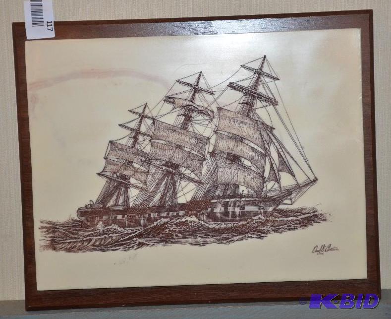 lot 117 image: Large vintage Scrimshaw&nbspart of a Ship at...