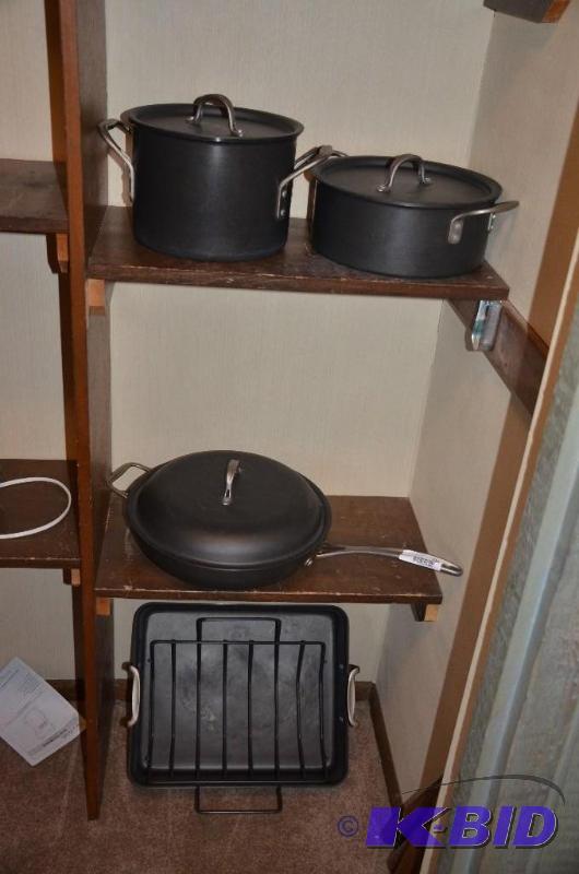 lot 123 image: Calphalon 13 fry pan, 6.5 qt pot, 5 qt pot...