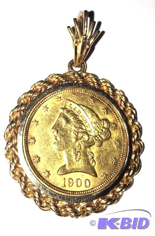 lot 2 image: 1900 $5 GOLD Coin. 13.8 grams of Gold  ...