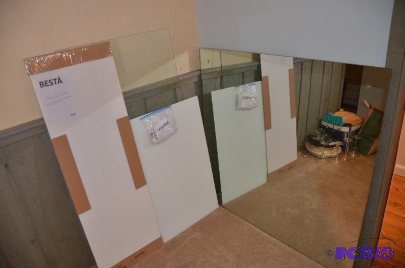 lot 216 image: IKEA glass shelves and a mirror- mirror is ap...
