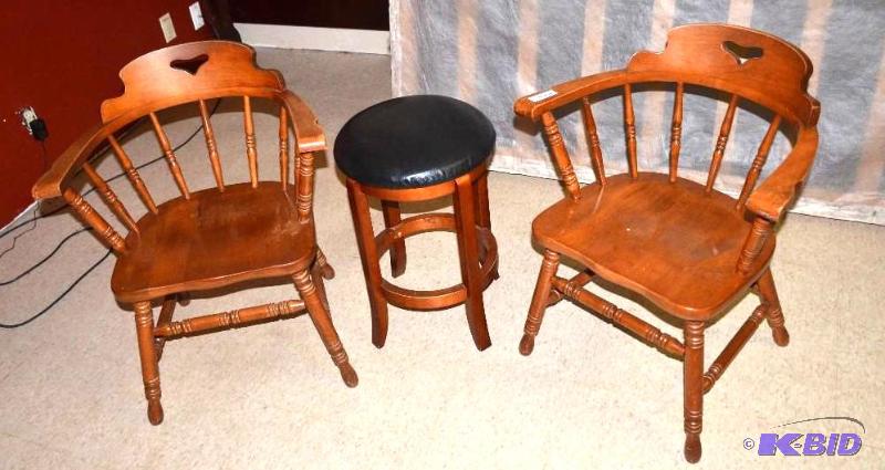 lot 22 image: 2 wooden captains chairs & 1 stool 15 dia...