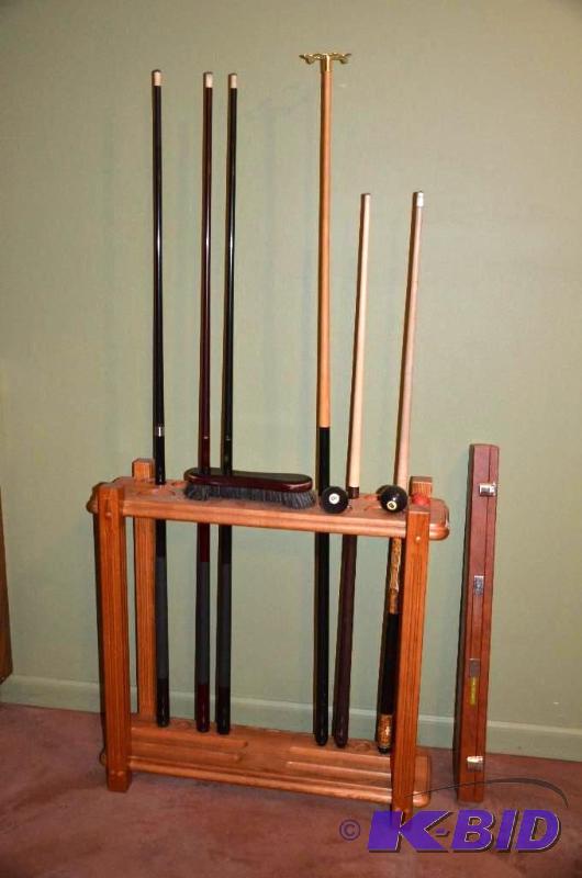 lot 26B image: Pool stick cue rack with pool sticks seen&nbs...