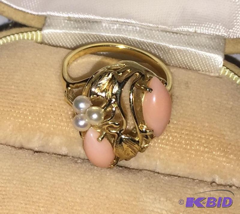 lot 5 image: 14k Gold and pearl ring- this is a larger ri...