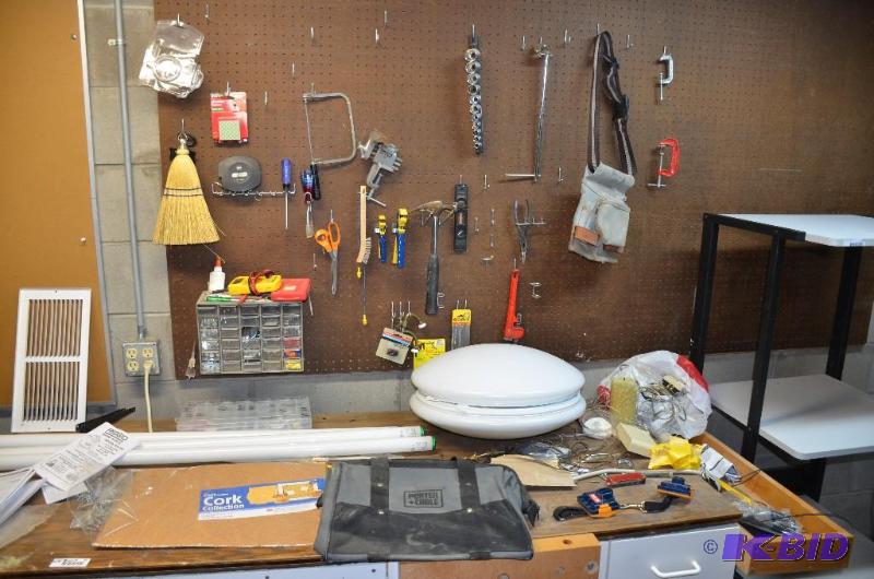 lot 62 image: All tools on pegboard and work bench. Light f...