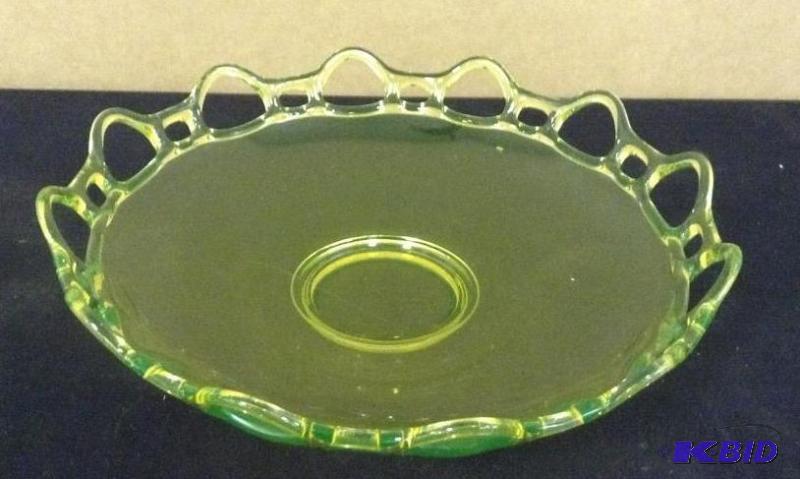 Gorgeous Vaseline Glass Server - Old ColonialOpen Lace
