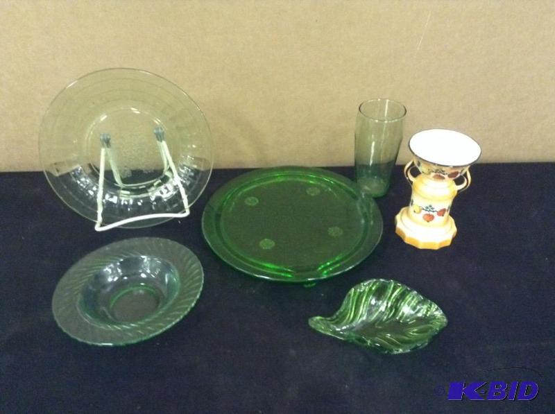 Green Depression Glass & Czech Vase