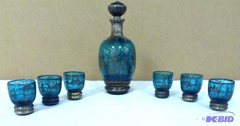 Gorgeous Blue Decanter Set with Six Glasses