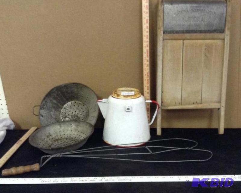 Vintage Washboard, Enamelware & Rug Beater
