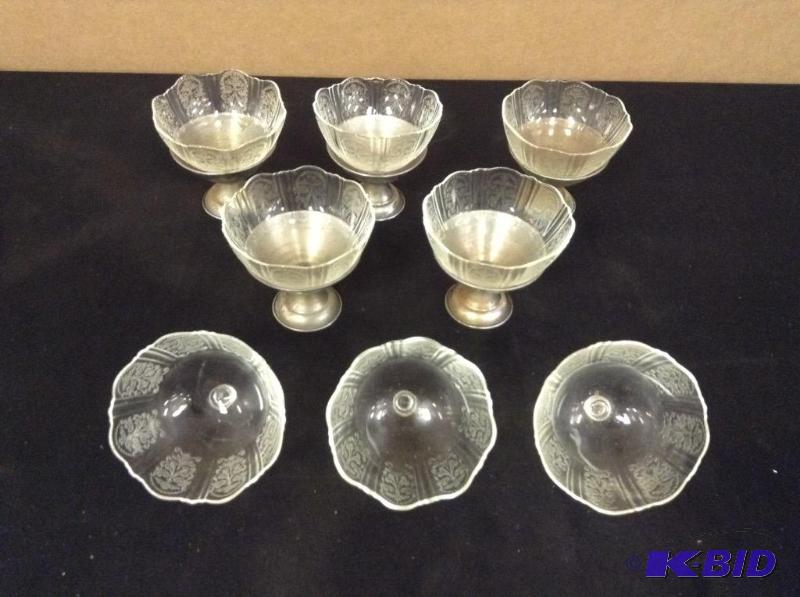 8 American Sweetheart Depression Glass Sherbet w Metal Stands