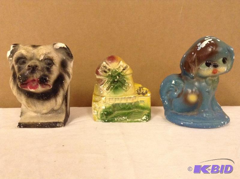 Vintage Chalkware Lion, Windmill & Kitten