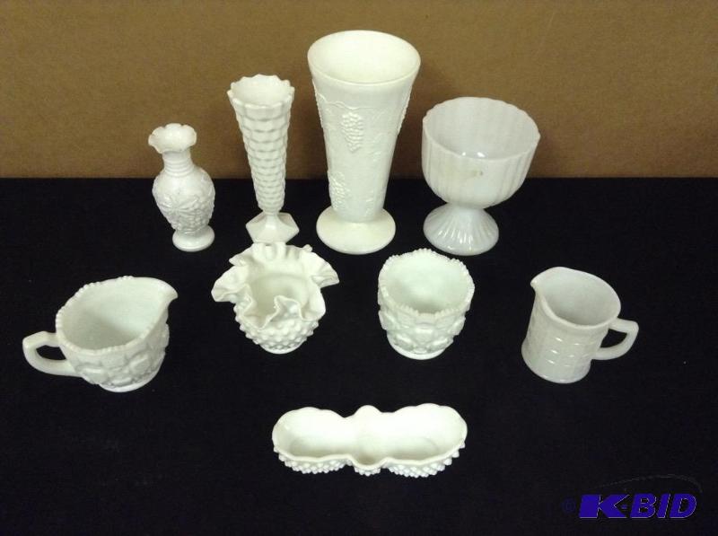 Vintage Milk Glass Vases, Creamers & Dishes