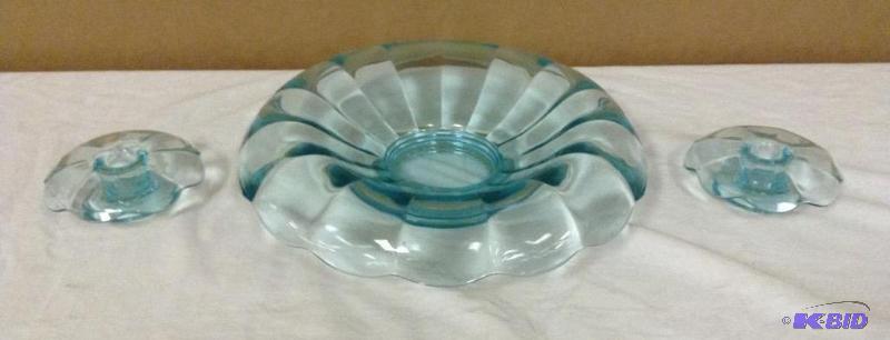 Beautiful Vintage Blue Depression Glass Console Bowl & Candle Holders