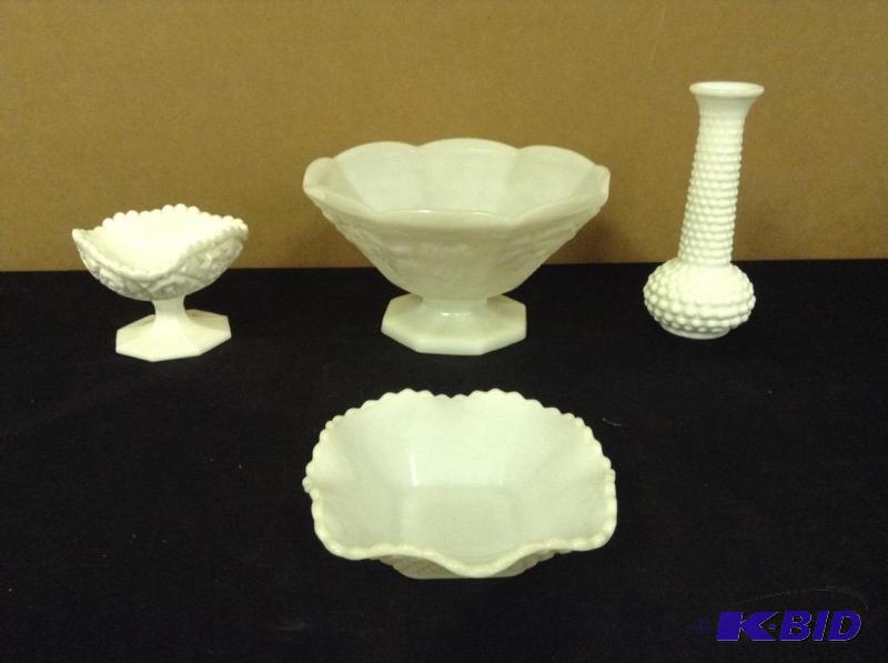 Vintage Milk Glass Bowls, Compote & Vase