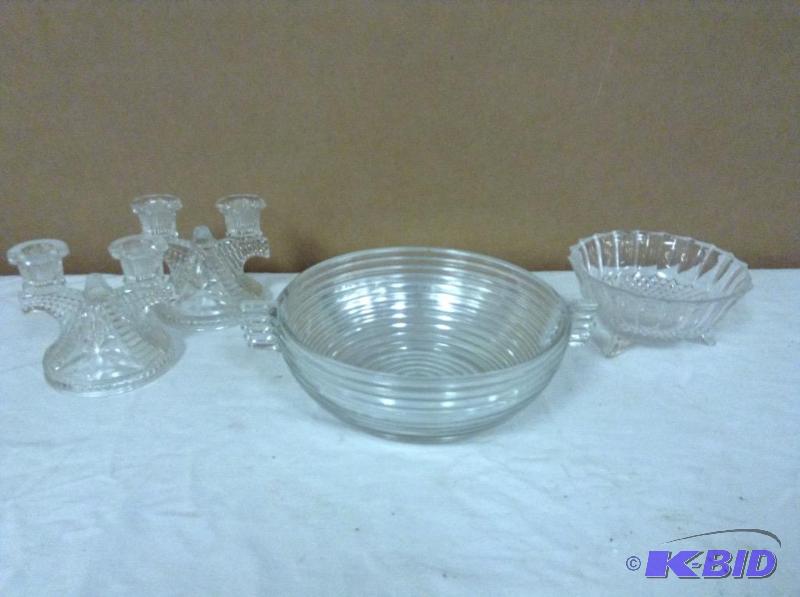 Clear Depression Glass Bowls & Candle Holders