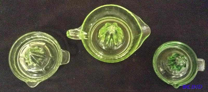 Three Vintage Green Depression Glass Juicers