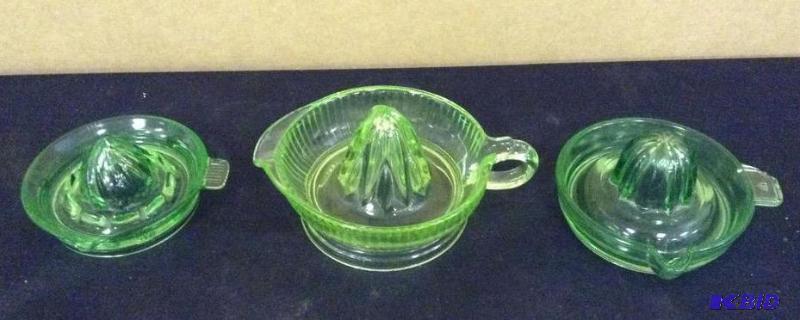 3 Vintage Green Depression Glass Juicers