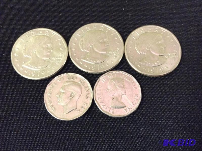 3 Susan B Anthony Dollars & 2 Canadian Nickels