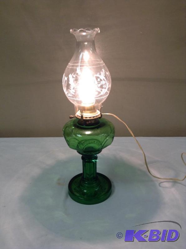 Pretty Green & Clear Converted Oil Lamp