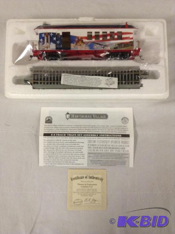 lot 128 image: Hawthorne Village Pioneer & Exploration Combine Car Spirit of America Train Car & Track - HO Scale