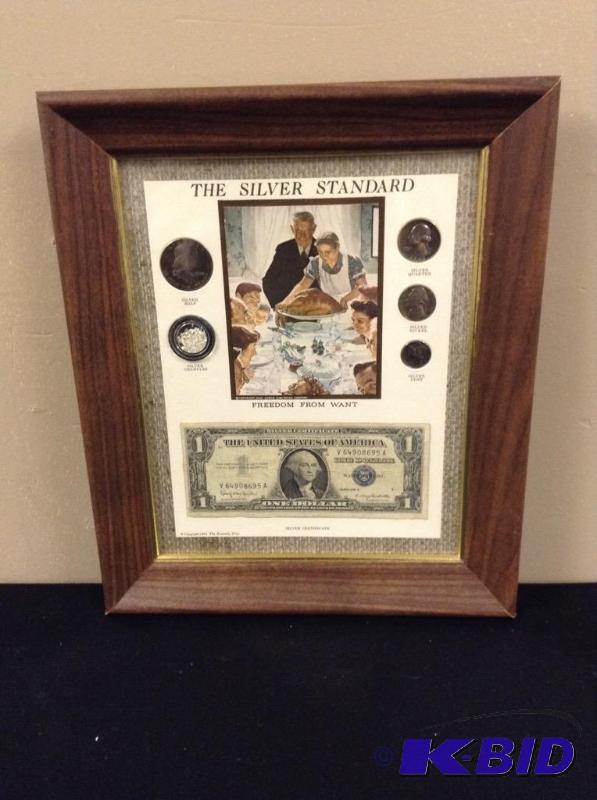 lot 21 image: Silver Standard Framed Picture, Coins & Silver Certificate