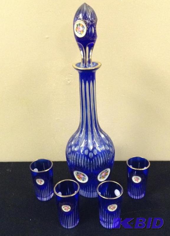 lot 32 image: Beautiful Blue Cut to Clear Hand Enamel Decanter & Glasses