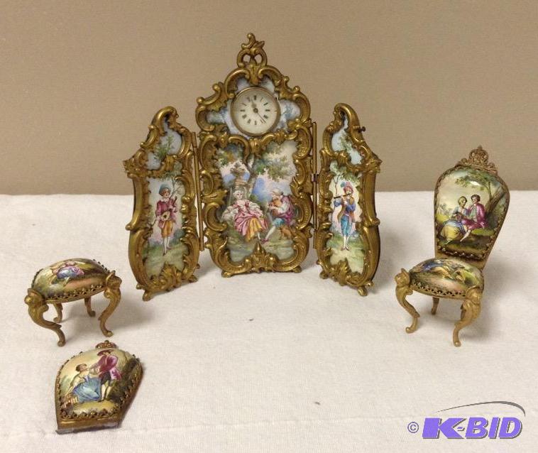 lot 34 image: Viennese Enamel Folding Screen Clock and Chairs