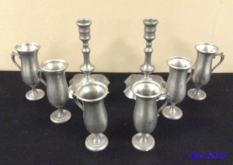 lot 56 image: Pewter Candle Sticks & Shot Glasses