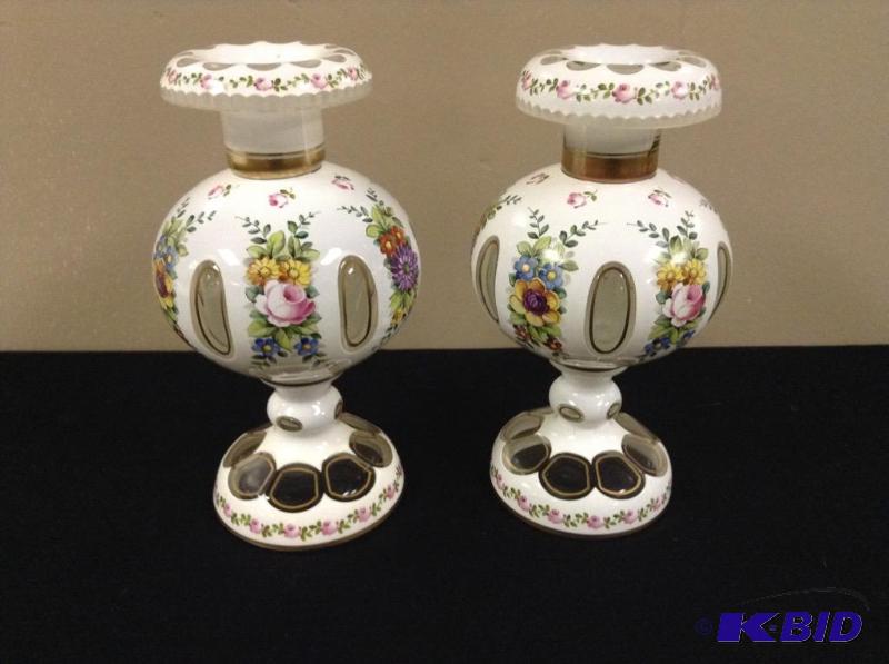 lot 57 image: Vintage Bohemian Czech White Cut To Clear Candle Holders