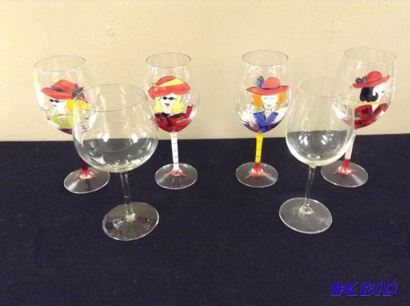 lot 65 image: Hand Painted Red Hat Ladies Wine Glasses