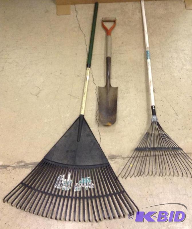 lot 92 image: Lawn Rakes and Shovel