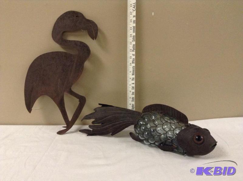 lot 98 image: Decorative Metal Yard Flamingo and Fish