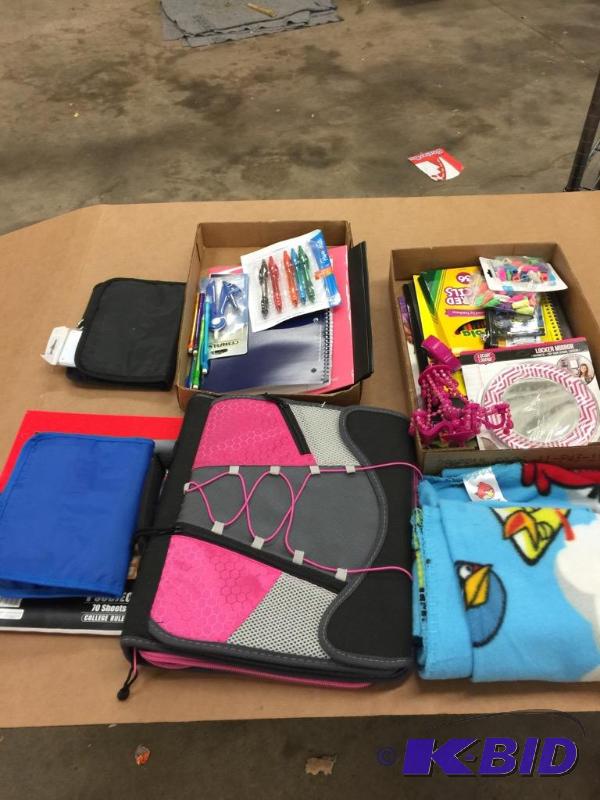 lot 13 image: A lot of school supplies and Angry Bird Blanket
