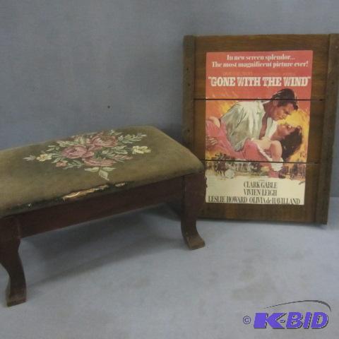 lot 180 image: Needlepoint Stool, GWTW Poster