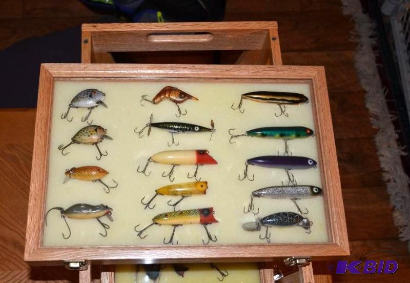 Display case full of antique Heddon lures inc, Whiteford Rare Fishing  Lures, Tonka Toys, New Vacuums & New Electronics