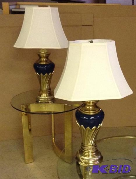 lot 27 image: Elegant Pair of Brass and Enamel Lamps