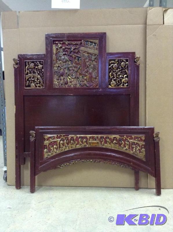 lot 60 image: Very Old Carved Chinese Headboard and Footboard