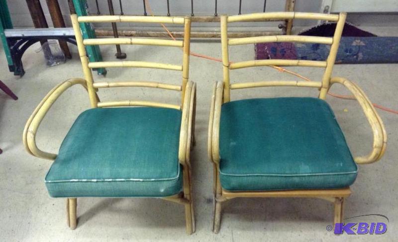 lot 78 image: Gorgeous Pair of Vintage MCM Ficks Reed Bamboo Frame Chairs with Cushions