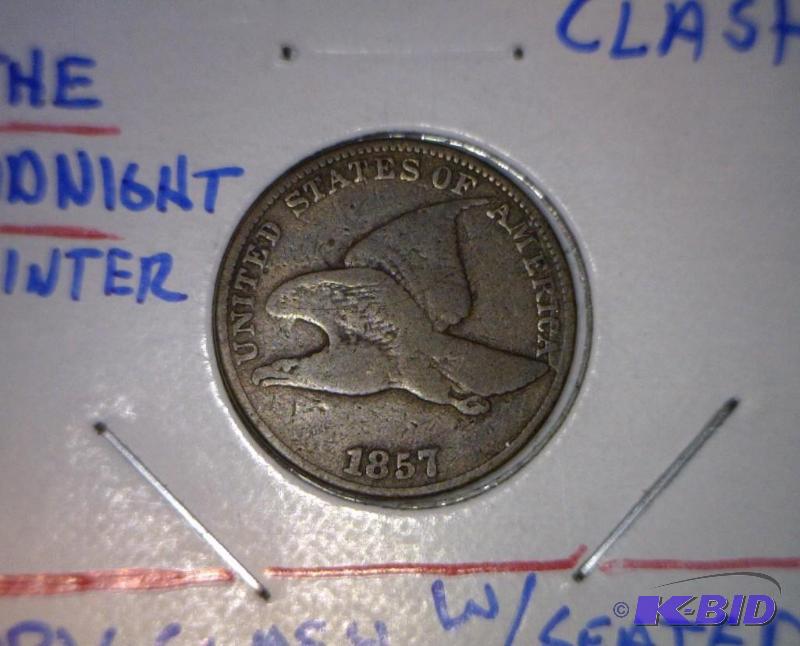 1857 Flying Eagle Cent Obverse Clashed with a Seated Liberty Half Dollar Duel Denomination Clash
