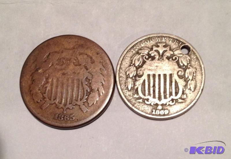1865 Two Cent Piece Civil War Dated and 1869 Shield Nickel. The Nickel has a hole in it