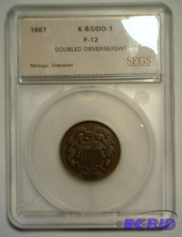 1867 Two Cent With a Monster Doubled Die Obverse Certified by SEGS Grading Service