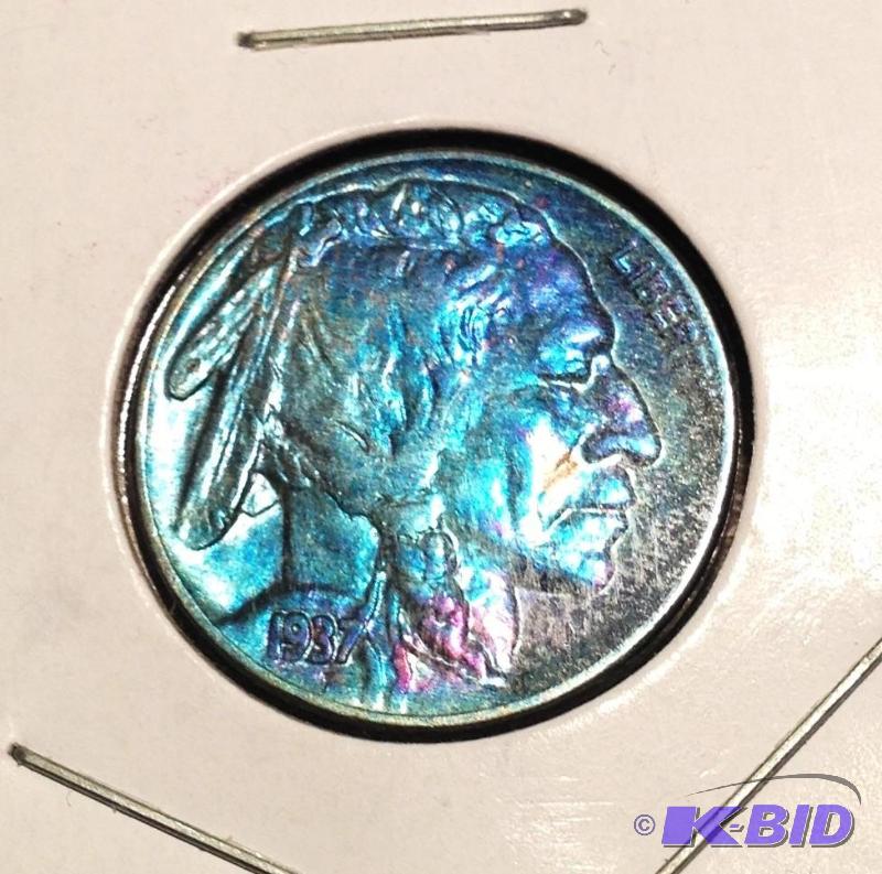 1937 Buffalo Nickel Wonderfully Toned Spectacular Colors on a Higher Grade Coin