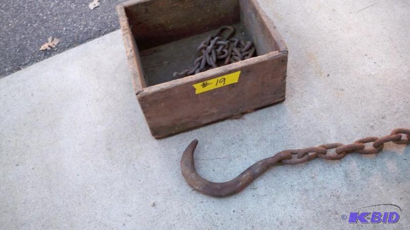 OLD WOODEN BOX WITH APPROXIMATELY 15 LONG CH...