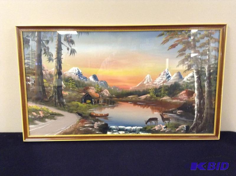 lot 60 image: Beautiful Framed Mountain Cabin Landscape Painting