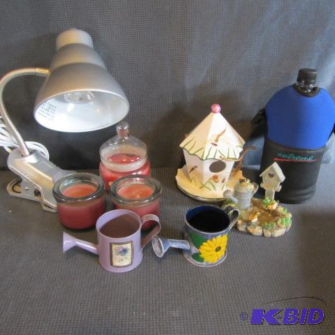lot 171 image: Desk Lamp, Birdhouse, Candles