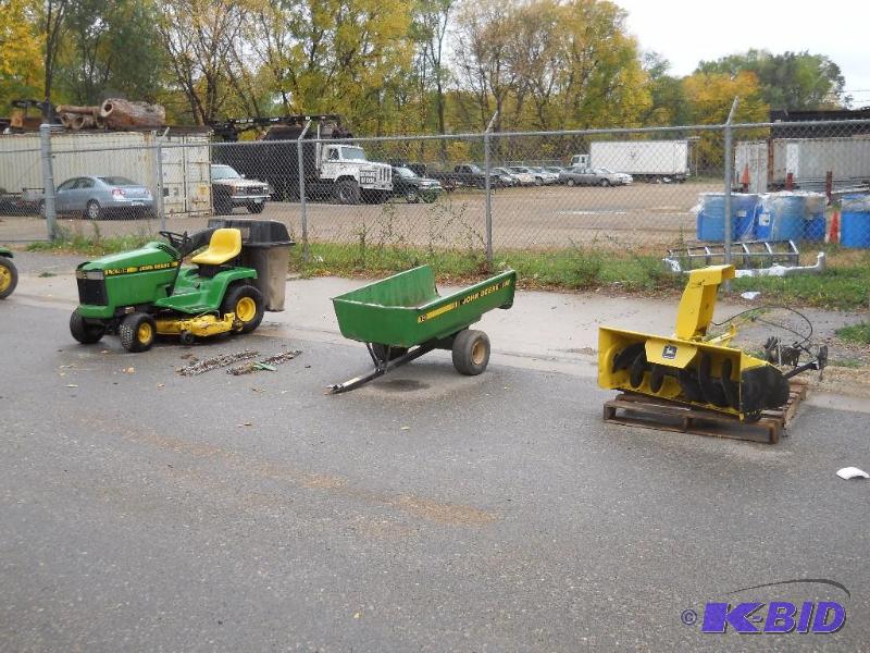 lot 3 image: Full John Deere LX188 Package. Mower, Bagger, Trailer, Snowblower and Chains.
