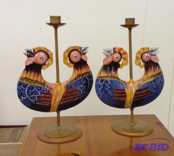 lot 18 image: Vintage Pier 1 Hand Painted Rooster Candle Holders
