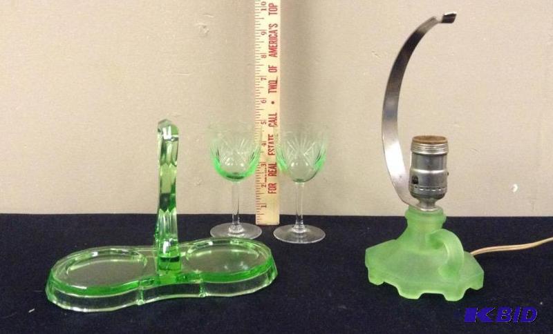 lot 38 image: Assorted Green Vaseline Glass